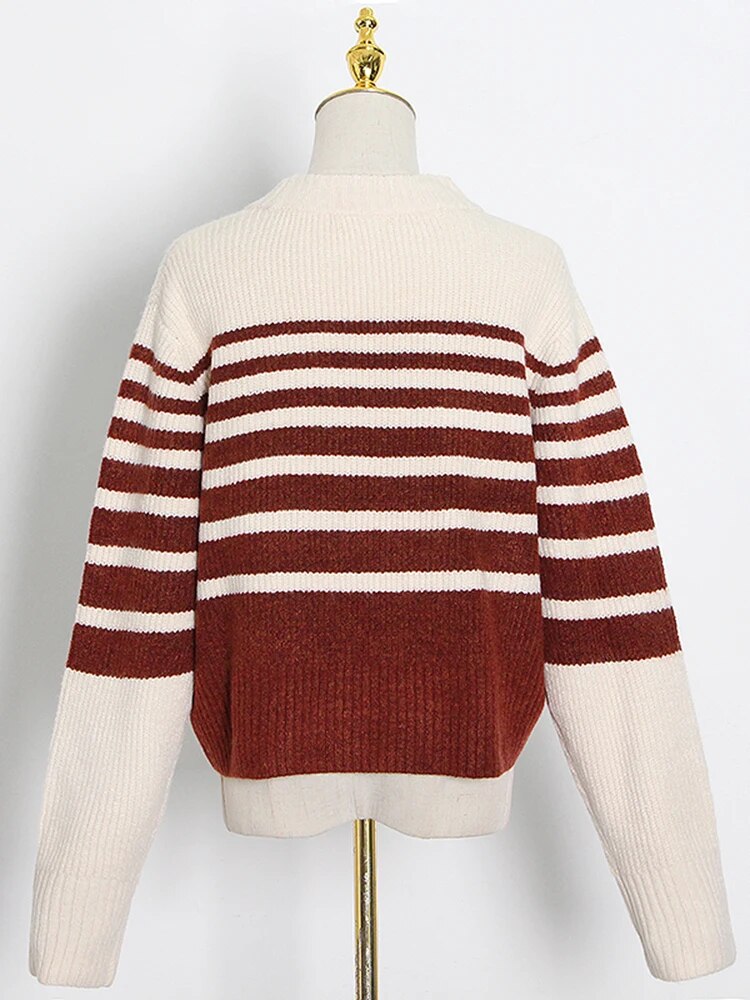 Striped Knitting Sweater For Women Round Neck Long Sleeve Colorblock Pullover Female Clothing Spring Style