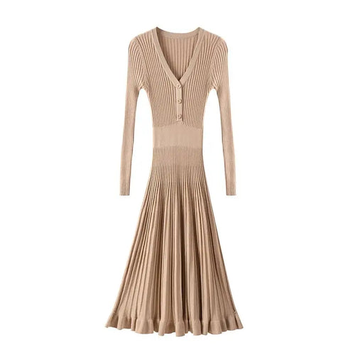 Load image into Gallery viewer, Elegant Knitted Long Dress Women Flare Sleelve V Neck Ruffles Single Breasted Bodycon Dresses Party Fashion Office Lady Vestidos
