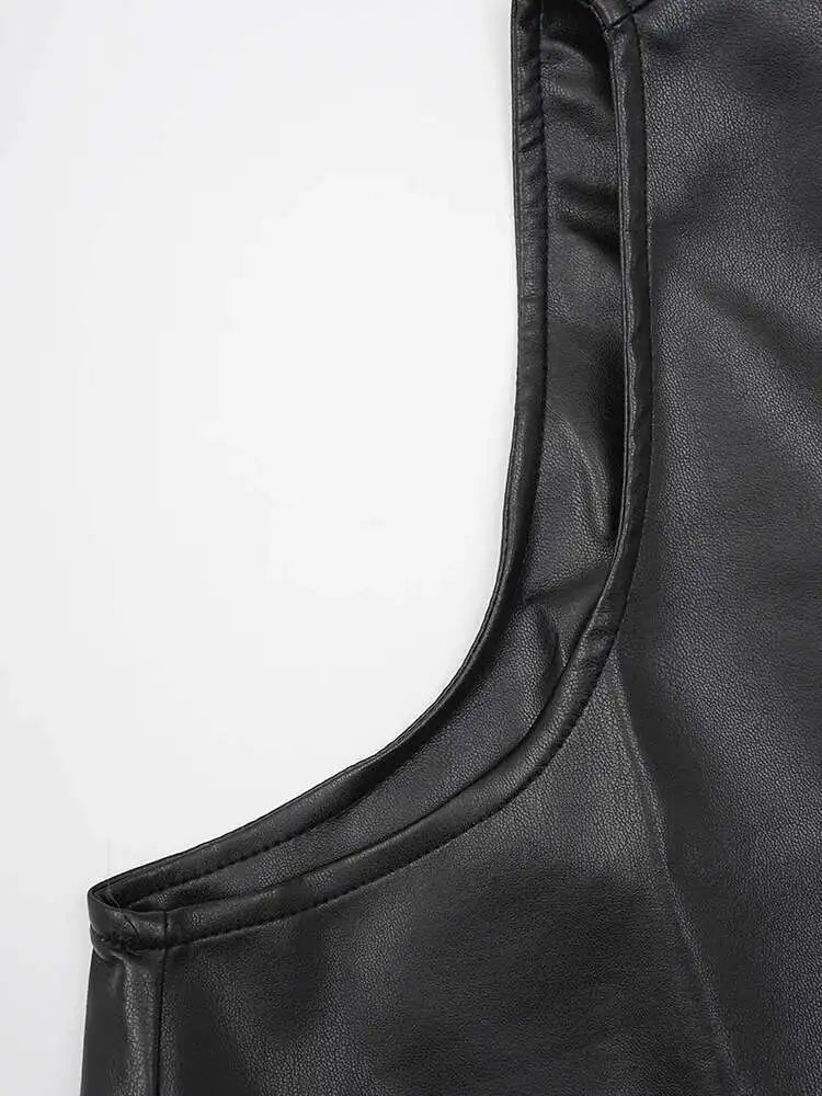 Women Black  Pu Leather Pockets Big Size Long Vest Dress New V-Neck Sleeveless Fashion Tide Spring Autumn 2025 CPG2085