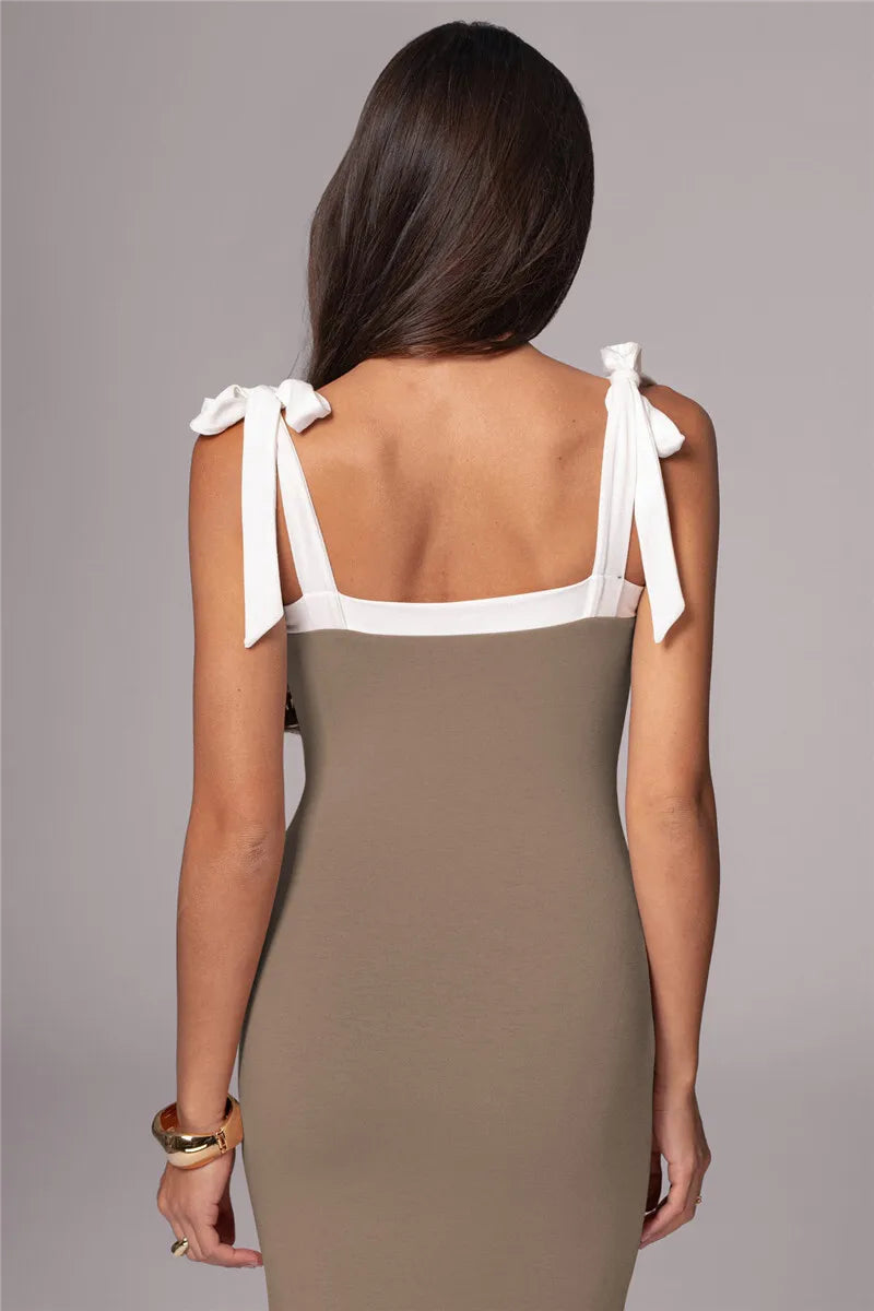 Lace-up Backless Sexy Maxi Dress Women Square Collar Patchwork Sleeveless Bodycon Club Party Sexy Long Dress Elegant