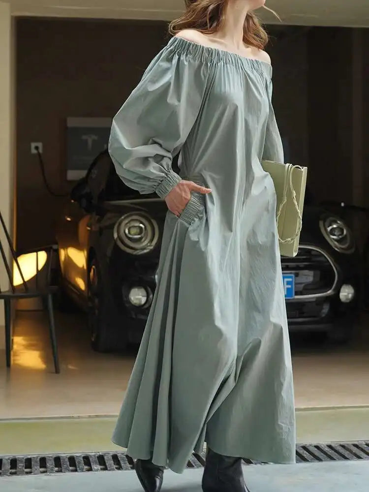 Women Black Brief Long Elegant Dress New Slash Neck Long Puff Sleeve Loose Fit Fashion Tide Spring Autumn 2025 1DF9947