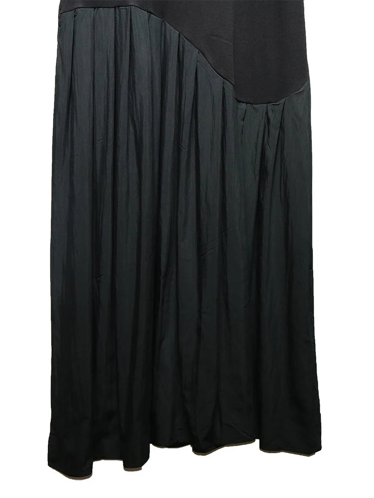 Women Black Irregular Pleated Big Size Midi Dress New Round Neck Short Sleeve Fashion Tide Spring Summer 2025 1DJ0851