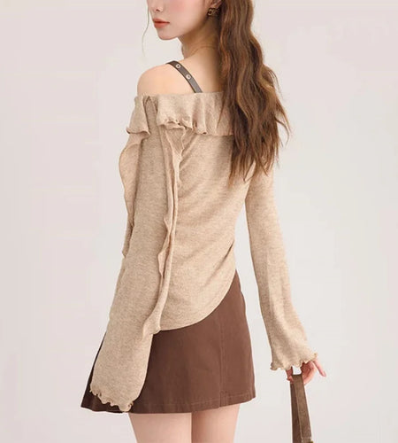 y2k Top Women Fairycore Grunge Clothes Ruffle Slash Neck One Shoulder Long Sleeve T Shirt 2000s Clothing Streetwear