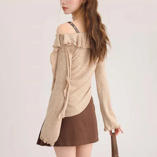 Load image into Gallery viewer, y2k Top Women Fairycore Grunge Clothes Ruffle Slash Neck One Shoulder Long Sleeve T Shirt 2000s Clothing Streetwear
