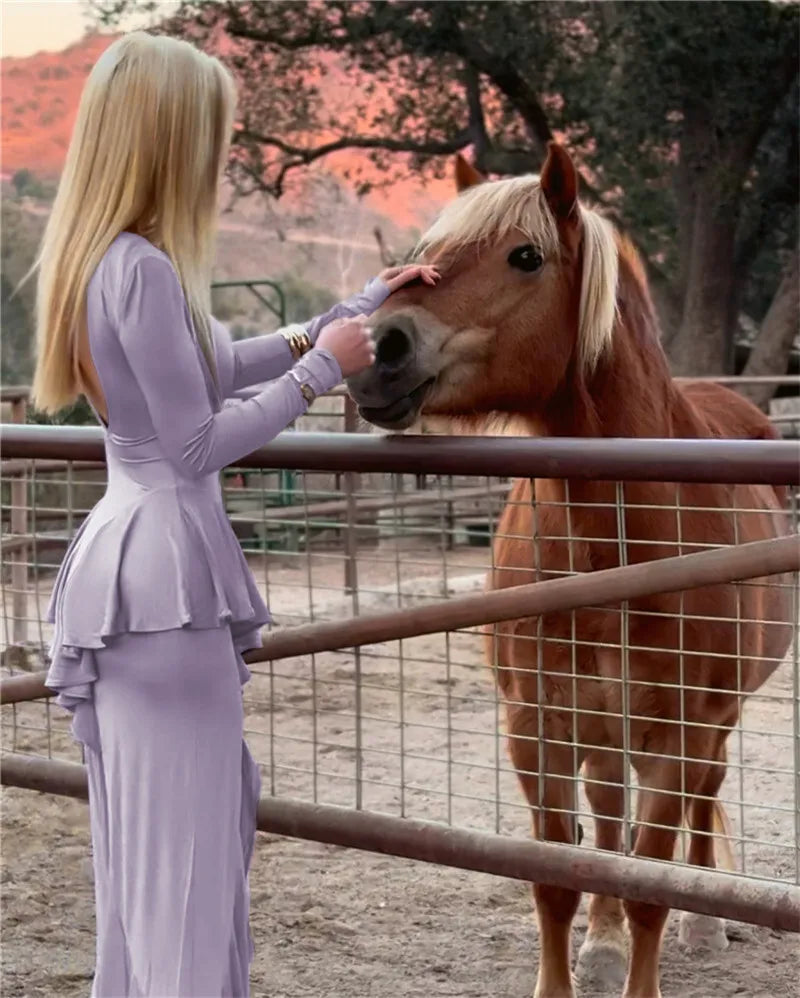 Backless Ruffled Sexy Maxi Dress For Women Gown Fashion O Neck Long Sleeve Thigh High Split Evening Long Dress Elegant