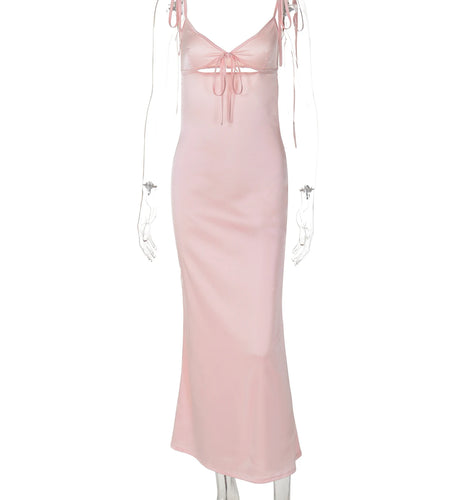 V Neck Solid Slips Backless Hollow Out Lace Up Sexy Bodycon Maxi Prom Dress Summer Women Elegant Outfits Birthday Party