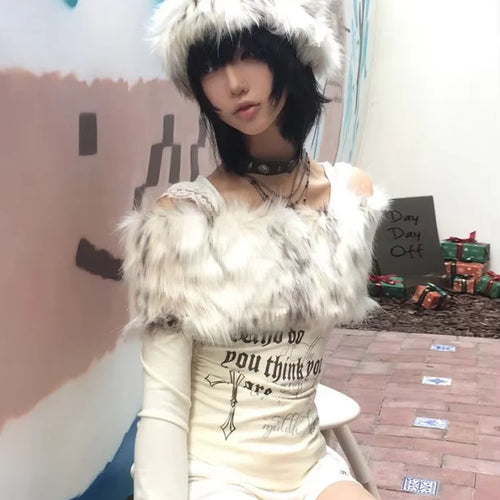 Load image into Gallery viewer, Japanese Y2k Fur Collar Tops 2000s Aesthetics Off Shoulder Knit Tops Vintage Harajuku Letter Print Long Sleeve T-shirt
