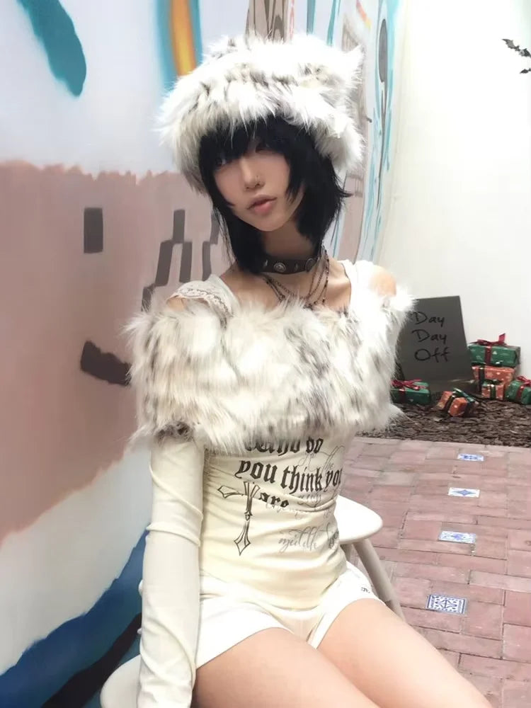 Japanese Y2k Fur Collar Tops 2000s Aesthetics Off Shoulder Knit Tops Vintage Harajuku Letter Print Long Sleeve T-shirt