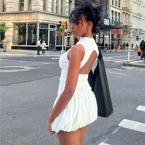 Load image into Gallery viewer, Hollow Out Backless Sleeveless Mini Dress For Women Summer New Fashion Solid O Neck Slim Pleated Dress Elegant 2024
