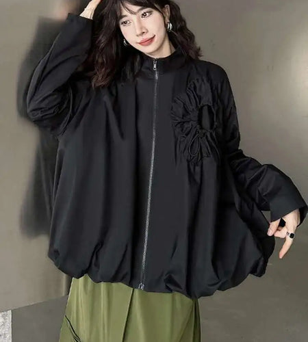 Loose Fit Black Pleated Big Size Jacket New Stand Collar Long Sleeve Women Coat Fashion Tide Spring Autumn 2025 1DH0794