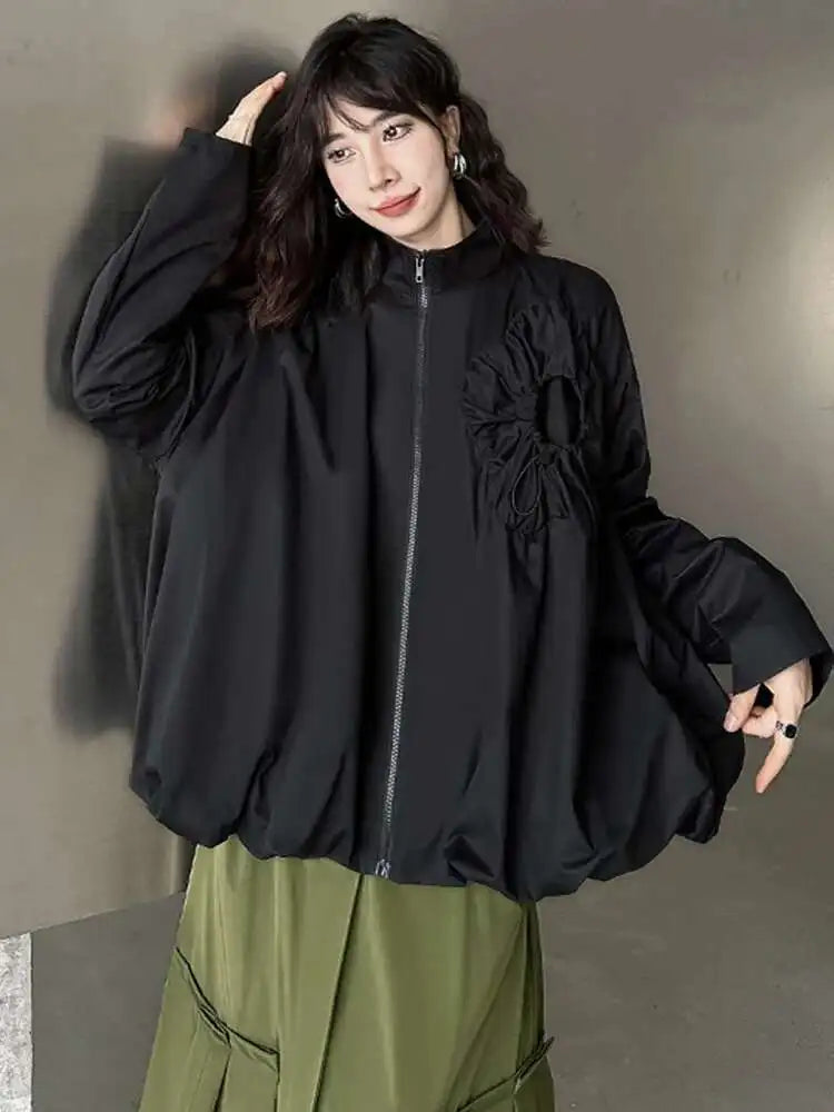 Loose Fit Black Pleated Big Size Jacket New Stand Collar Long Sleeve Women Coat Fashion Tide Spring Autumn 2025 1DH0794