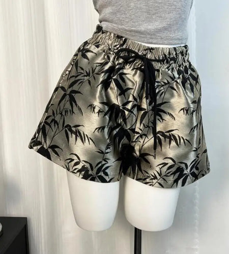 Vintage Women Drawstring Lace-up High Waist Jacquard Shorts Chinese Style Bamboo Leaf Print Wide Leg Short Pant 2024 New Summer