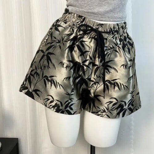 Load image into Gallery viewer, Vintage Women Drawstring Lace-up High Waist Jacquard Shorts Chinese Style Bamboo Leaf Print Wide Leg Short Pant 2024 New Summer
