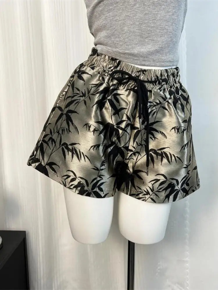 Vintage Women Drawstring Lace-up High Waist Jacquard Shorts Chinese Style Bamboo Leaf Print Wide Leg Short Pant 2024 New Summer