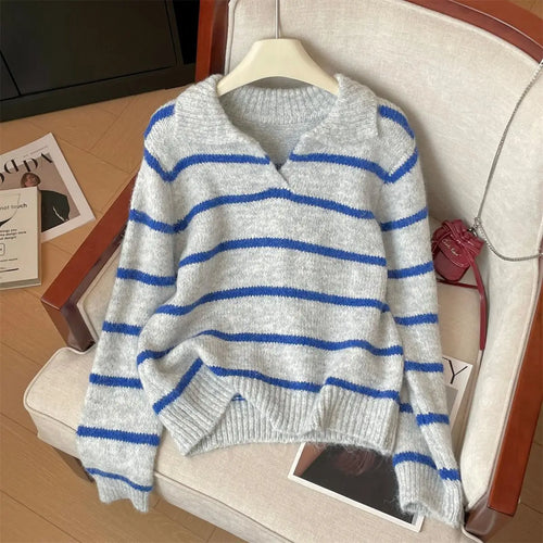 Load image into Gallery viewer, Autumn Winter Grey Blue Striped Patchwork Long Sleeves Sweater Korean Fashion Women's Short Knitted Tops Casual Versatile Trendy
