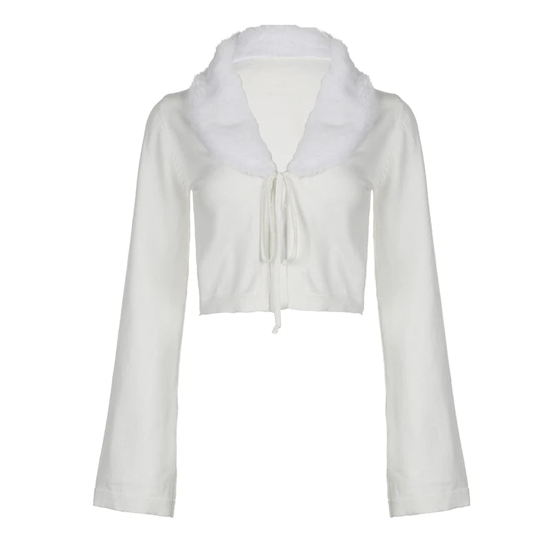 Fashion Elegant Knitted Cardigan Cropped Front Tie-Up White Autumn Jacket Women's Sweater Faux Fur Trim Fluffy Coats