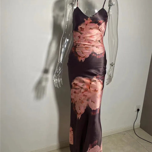 Load image into Gallery viewer, Satin Floral Print Sexy Maxi Dress Women Gown Elegant Spaghetti Strap Sleeveless Backless Bodycon Evening Club Dress
