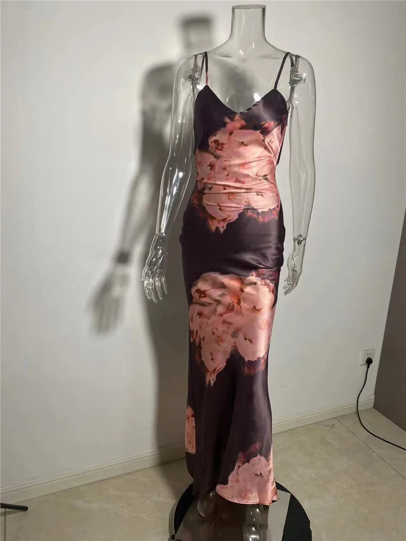 Satin Floral Print Sexy Maxi Dress Women Gown Elegant Spaghetti Strap Sleeveless Backless Bodycon Evening Club Dress