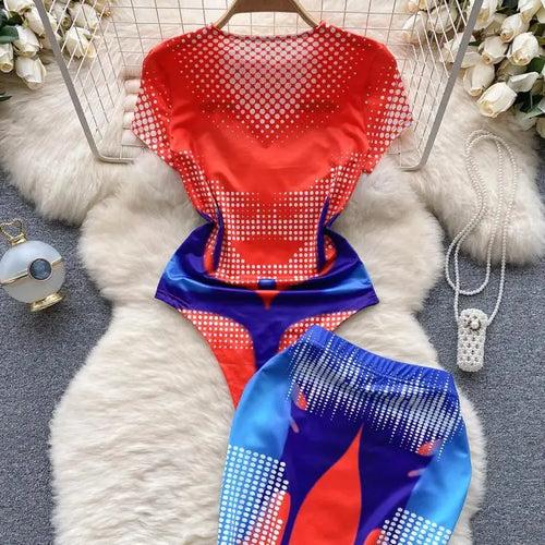 Load image into Gallery viewer, Women Fashion Red Blue Patchwork Print O Neck Short Sleeves Slim Bodysuits+ Elastic Waist Mini Skirts Y2k Retro Two Pieces Suits
