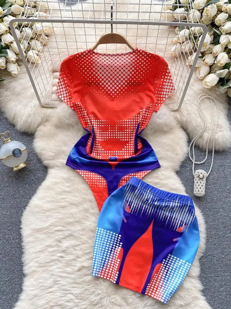 Women Fashion Red Blue Patchwork Print O Neck Short Sleeves Slim Bodysuits+ Elastic Waist Mini Skirts Y2k Retro Two Pieces Suits