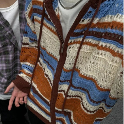 Load image into Gallery viewer, Y2k Aesthetic Vintage Thin Knitted Hooded Cardigan  Autumn Oversize Loose Stripe Women Sweater Zipper Harajuku Cardigans Femme
