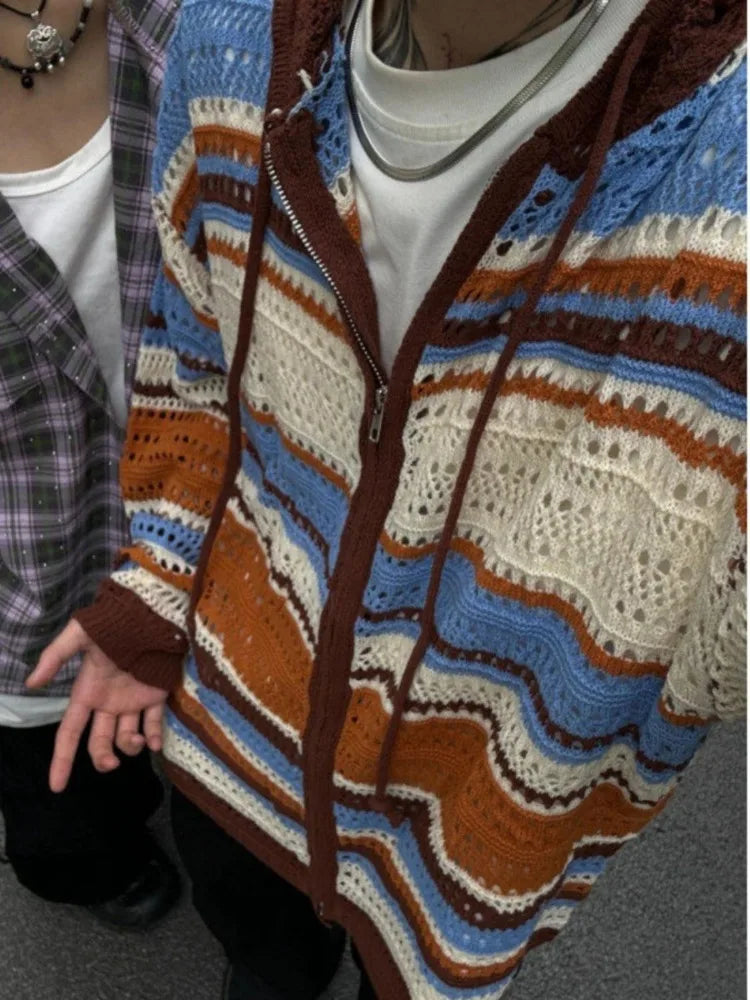 Y2k Aesthetic Vintage Thin Knitted Hooded Cardigan  Autumn Oversize Loose Stripe Women Sweater Zipper Harajuku Cardigans Femme