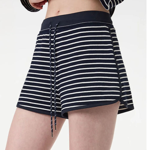 Load image into Gallery viewer, Loose Spliced Striped Two Piece Sets for Women V Neck Short Sleeves Patchwork Fungus Folds Top Short Set Female New
