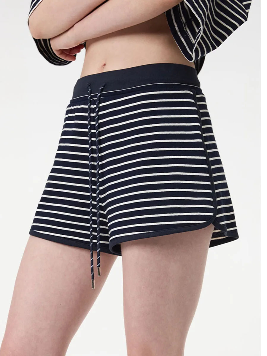 Loose Spliced Striped Two Piece Sets for Women V Neck Short Sleeves Patchwork Fungus Folds Top Short Set Female New