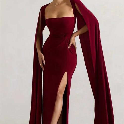 Load image into Gallery viewer, Long Cape Sleeve Split Maxi Dress For Women Gown Fashion Solid Square Collar Evening Sexy Long Dress Elegant New
