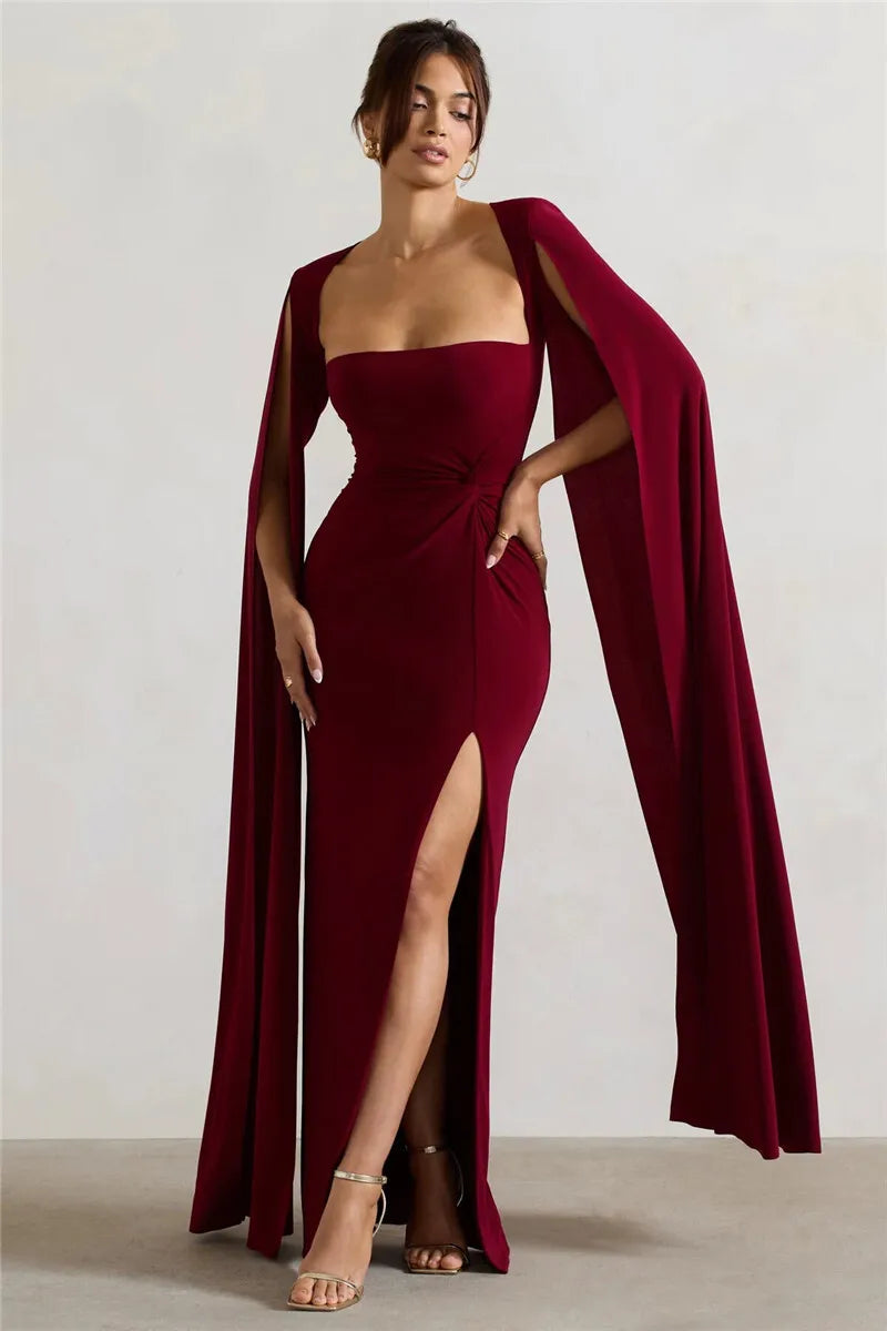Long Cape Sleeve Split Maxi Dress For Women Gown Fashion Solid Square Collar Evening Sexy Long Dress Elegant New