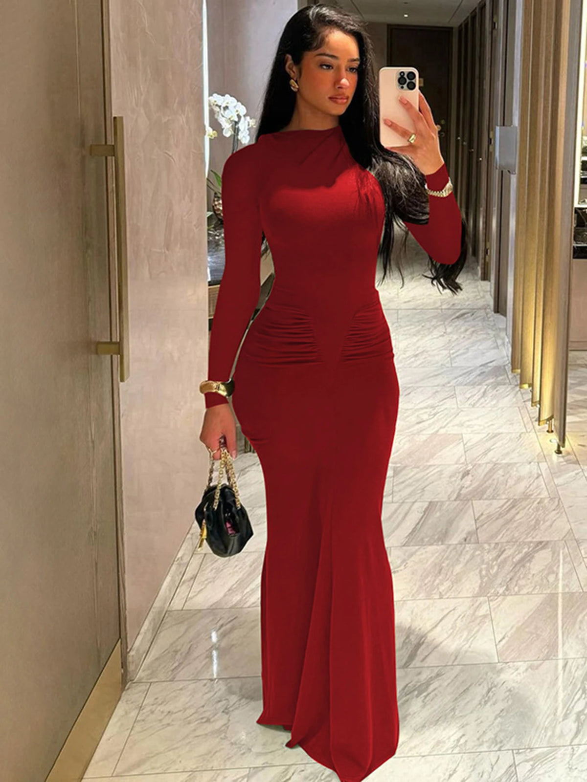 Women Elegant Solid Long Sleeve Ruched Sexy Bodycon Maxi Prom Dress Spring New Y2K Outfits Birthday Party Vacation