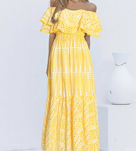 Patchwork Embroidery Long Dress For Women Slash Neck Short Sleeve High Waist Cut Out Midi Dresses Female Fashion Summer New