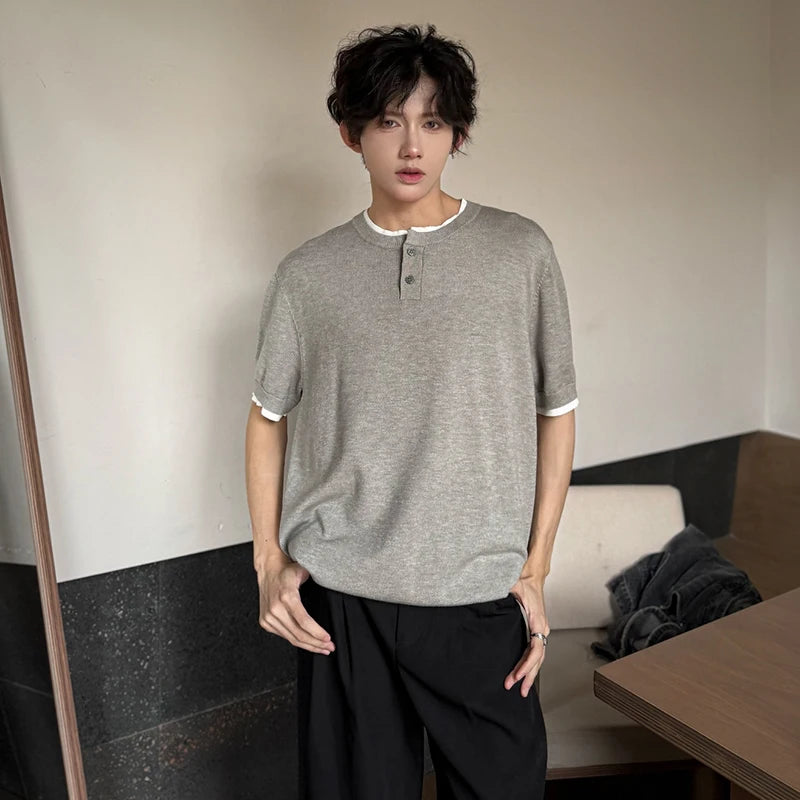 Men's T-shirts Short Sleeve Round Collar Fake Two-piece Spliced Button Knit Design Ice Male Pullover Clothing 9W1749
