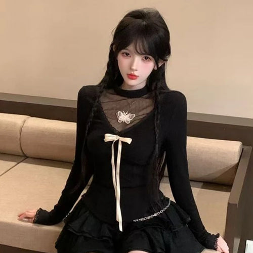 Load image into Gallery viewer, Harajuku Vintage Fairy Lace Patchwork Tees Y2k Aesthetic Slim Fit Women Sexy Butterfly T-shirt Streetwear Grunge Black Tshirts
