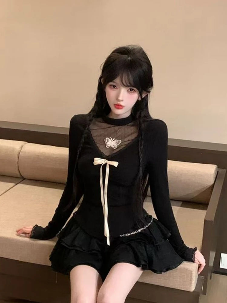 Harajuku Vintage Fairy Lace Patchwork Tees Y2k Aesthetic Slim Fit Women Sexy Butterfly T-shirt Streetwear Grunge Black Tshirts