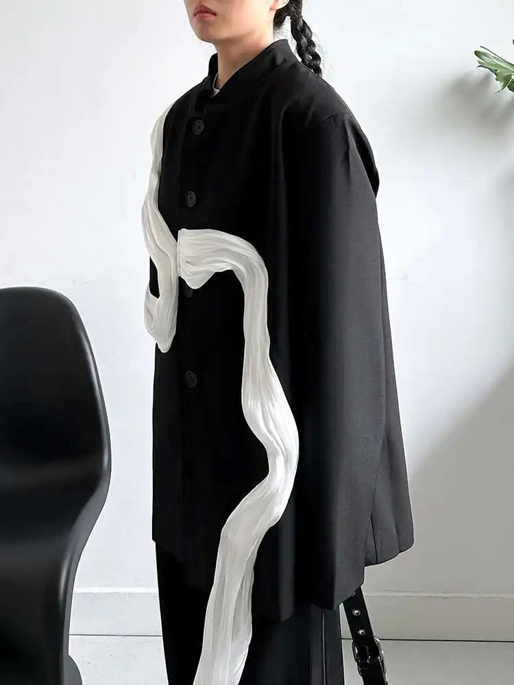 Women Ribbons Color-block Big Size Blazer New Stand Collar Long Sleeve Jacket Fashion Tide Spring Autumn 2025 1DH8156