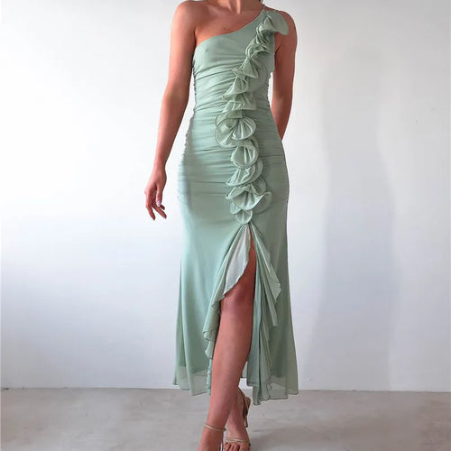 Load image into Gallery viewer, One Shoulder Draped Ruffle Maxi Dress Women Gown Fashion Diagonal Collar Backless Sleeveless Split Long Dress Elegant
