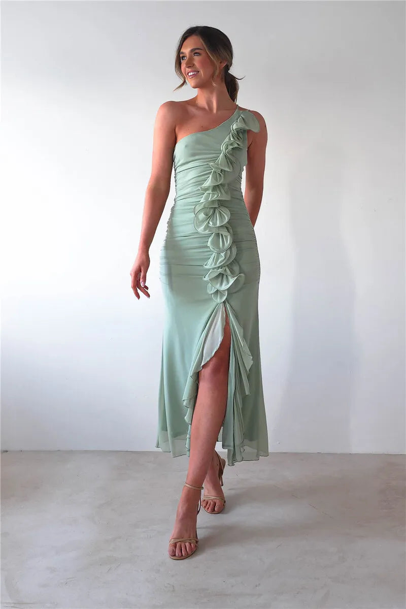 One Shoulder Draped Ruffle Maxi Dress Women Gown Fashion Diagonal Collar Backless Sleeveless Split Long Dress Elegant
