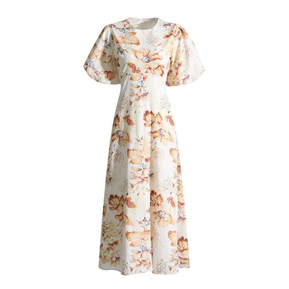 Floral Dresses For Women Round Neck Lantern Sleeve High Waist Elegant Summer Dress Female Fashion