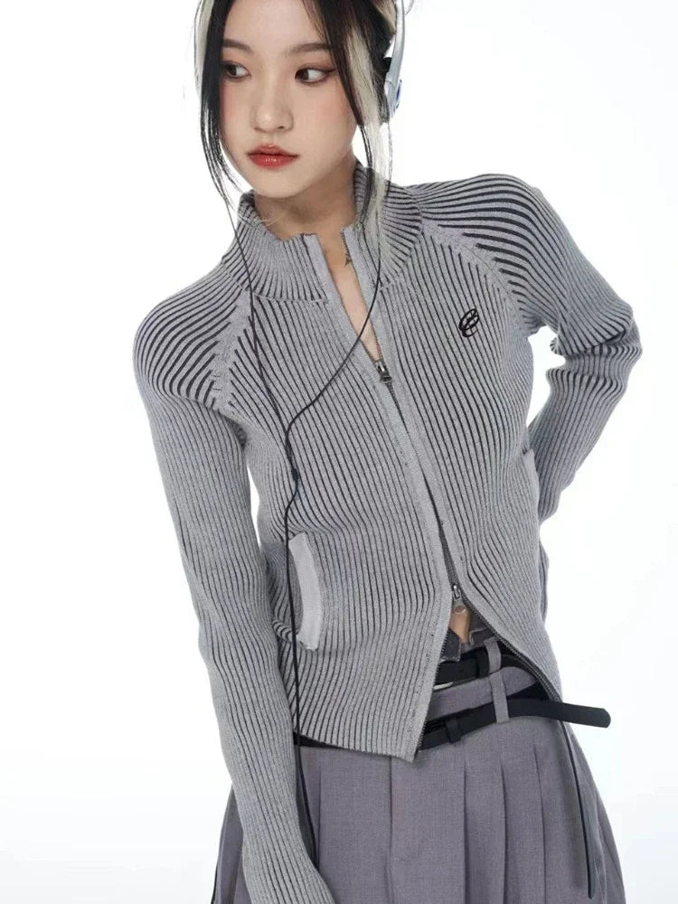 Vintage Zipper Cardigan Women Embroidery Y2k Aesthetic Grunge Sweater Jackets Female Harajuku Slim Knitted Coats Femme