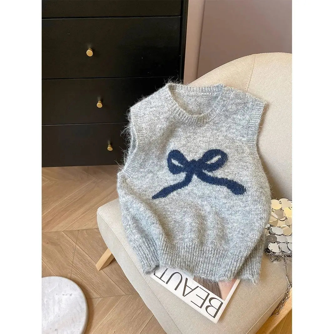 Knitted Sweater Vest 2024 Women Clothing O-neck Sleeveless Bow Waistcoat Y2k Tops Causal Fashion Vintage Crop Tanks Ropa Mujer