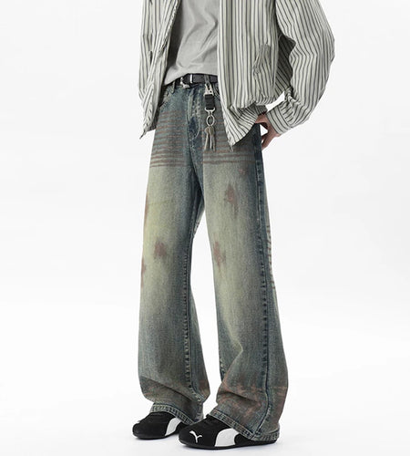 Male Jeasn Splashed Ink Glitter Design New American Style Straight Wide Leg Worn-out Stylish Men's Summer Bottoms 9W1854