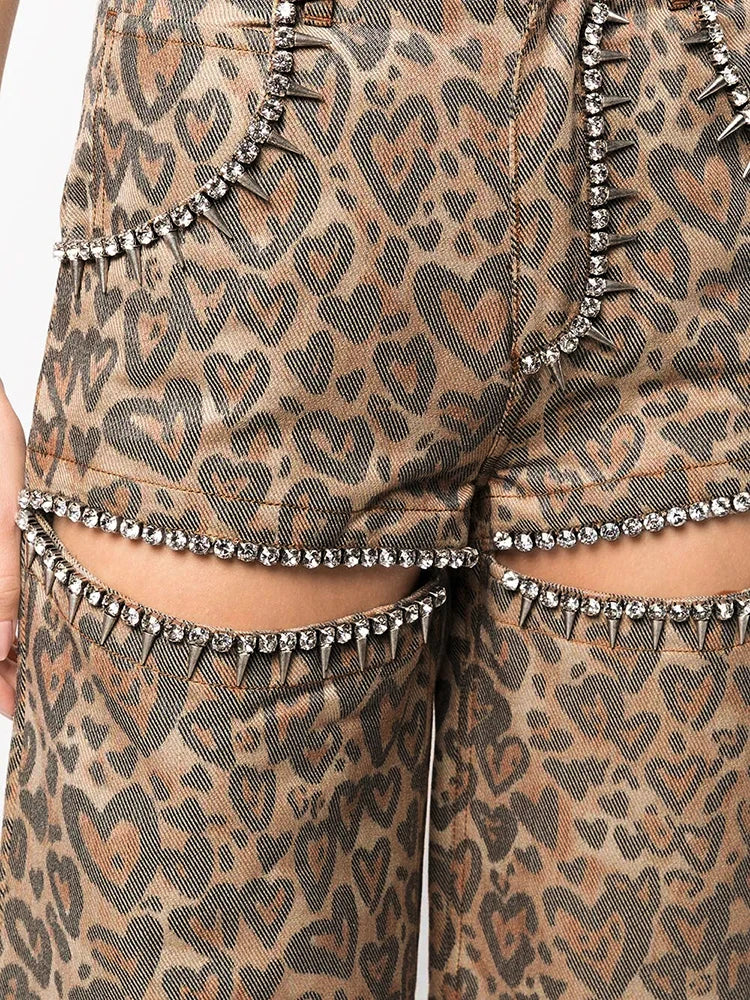 Patchwork Rivet Leopard Casual Denim Trousers For Women High Waist Hollow Out Streetwear Loose Wide Leg Jeans Female Style