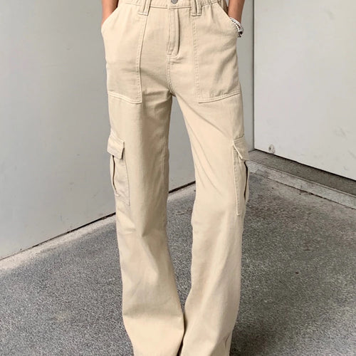 Load image into Gallery viewer, Casual Solid Straight Khaki High Waist Female Jeans Streetwear Basic Cargo Trousers Denim Loose Pockets Korean Pants
