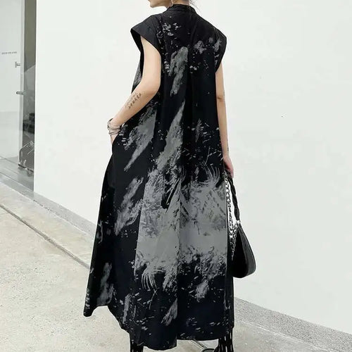 Load image into Gallery viewer, Women Black Pattern Printed Big Size Midi Shirt Dress New Stand Collar Sleeveless Fashion Tide Spring Summer 2025 1DH5837
