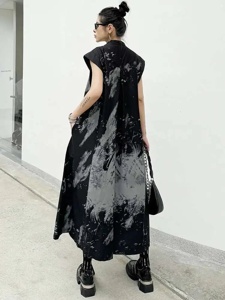 Women Black Pattern Printed Big Size Midi Shirt Dress New Stand Collar Sleeveless Fashion Tide Spring Summer 2025 1DH5837