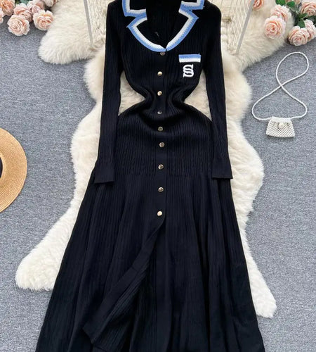 Women Elegant Patchwork Embroidery Knit Sweater Long Dress Autumn Winter Casual Fashion Slim Long Sleeve Button Dresses New 2023