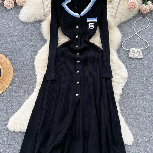 Load image into Gallery viewer, Women Elegant Patchwork Embroidery Knit Sweater Long Dress Autumn Winter Casual Fashion Slim Long Sleeve Button Dresses New 2023
