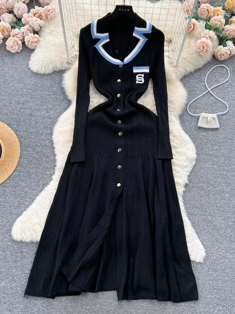Women Elegant Patchwork Embroidery Knit Sweater Long Dress Autumn Winter Casual Fashion Slim Long Sleeve Button Dresses New 2023