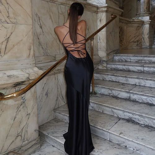 Load image into Gallery viewer, Spaghetti Strap Backless Sexy Maxi Dress Women Gown Black Satin Slipdress Sleeveless High Waist Club Party Long Dress
